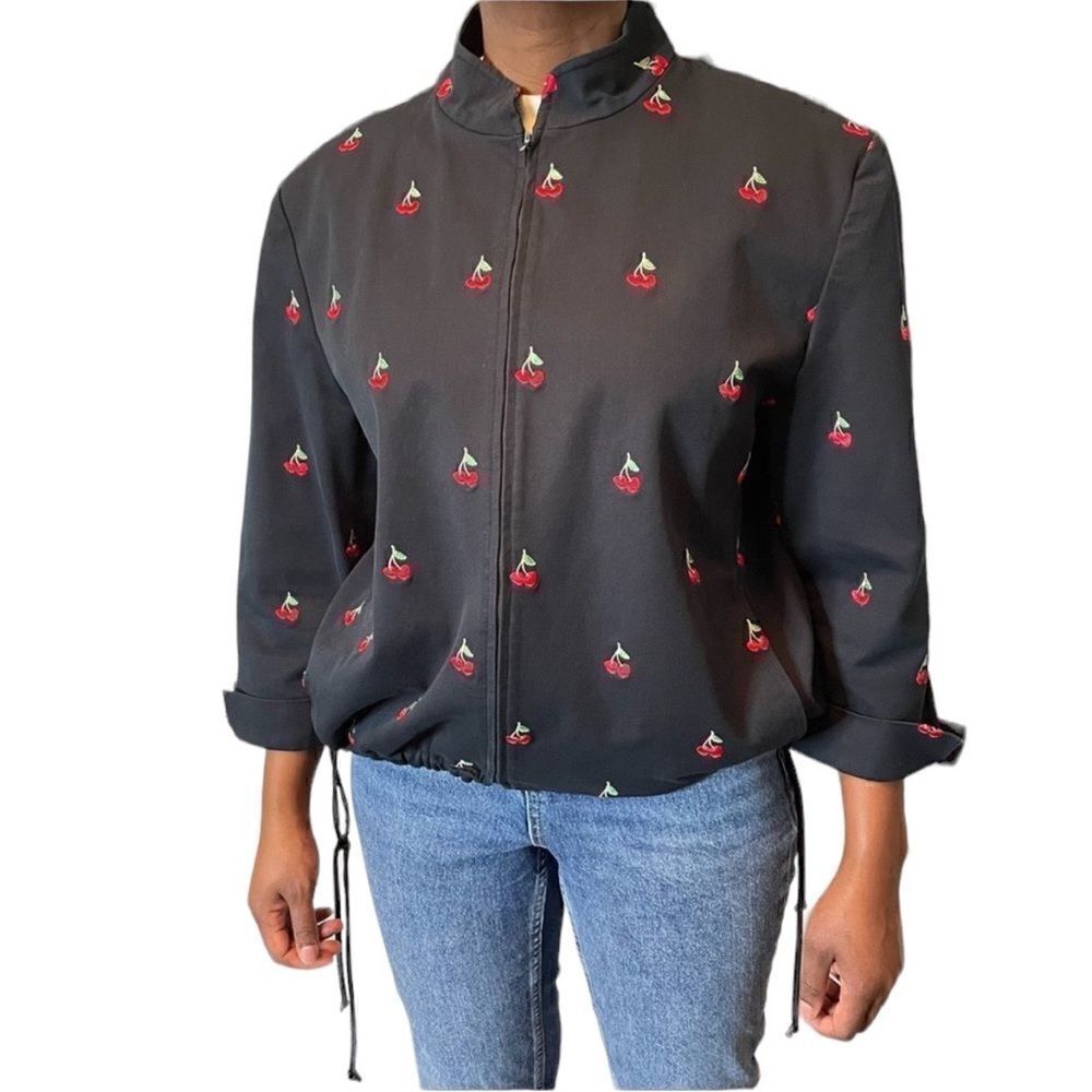 ST. JOHN SPORT 1990s Vintage So Cherry Print Side Tie Black Zip Up Denim Jacket